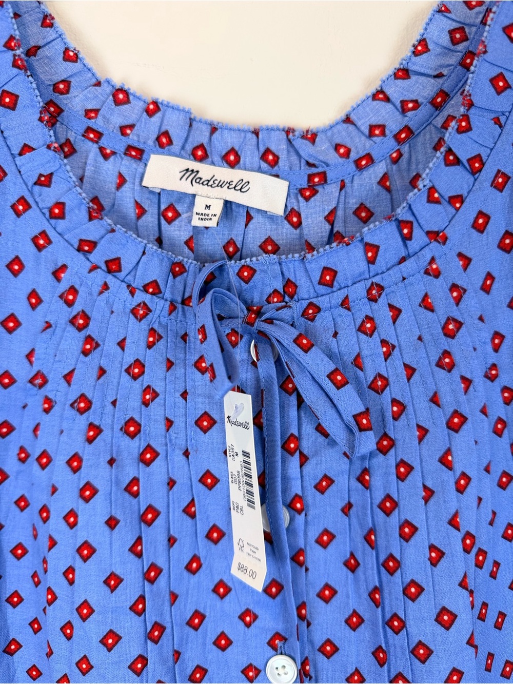 NWT Madewell Blue Sleeveless Button-Front Cottagecore Tank with Red Diamond M - Picture 3 of 6